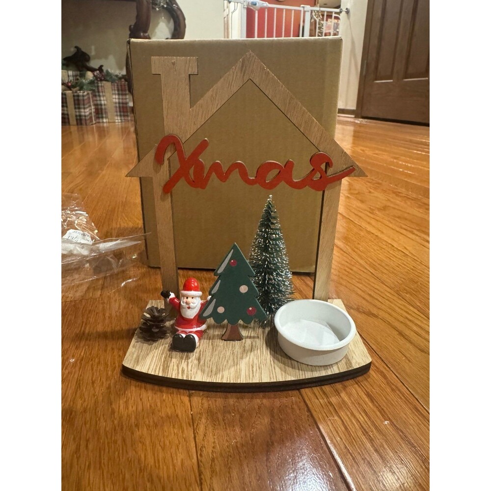 Small Wooden Christmas Decor with Santa Claus and Tea Light Holder